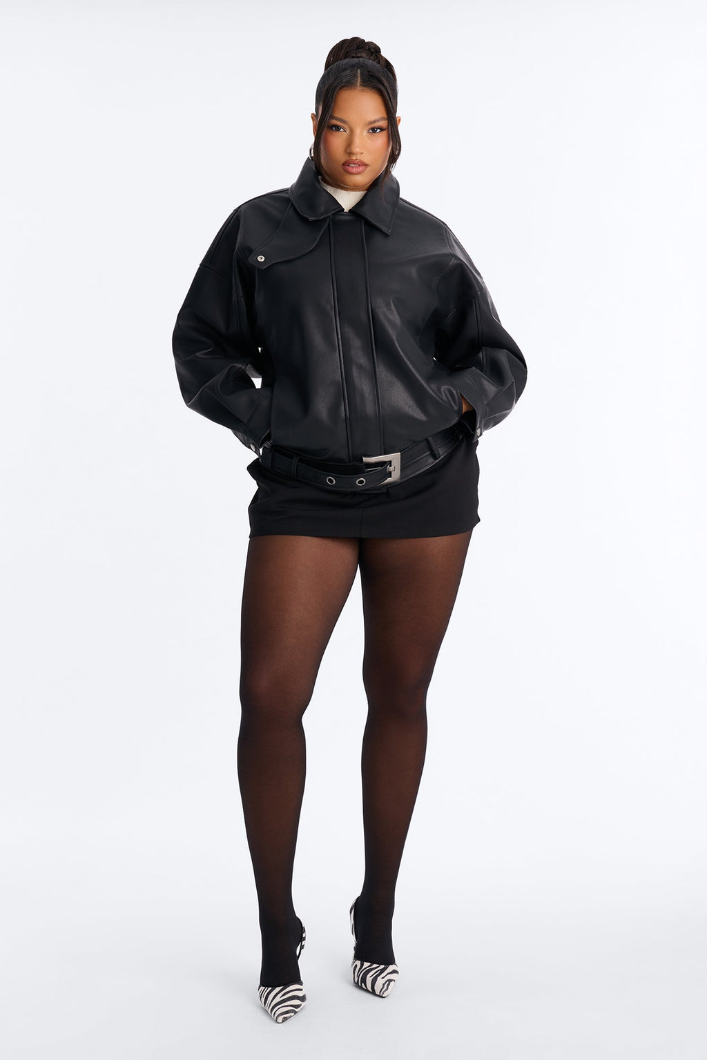 Jacine Faux Leather Drop Waist Belted Bomber Jacket - Black