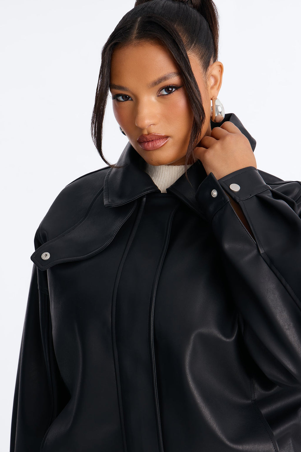Jacine Faux Leather Drop Waist Belted Bomber Jacket - Black