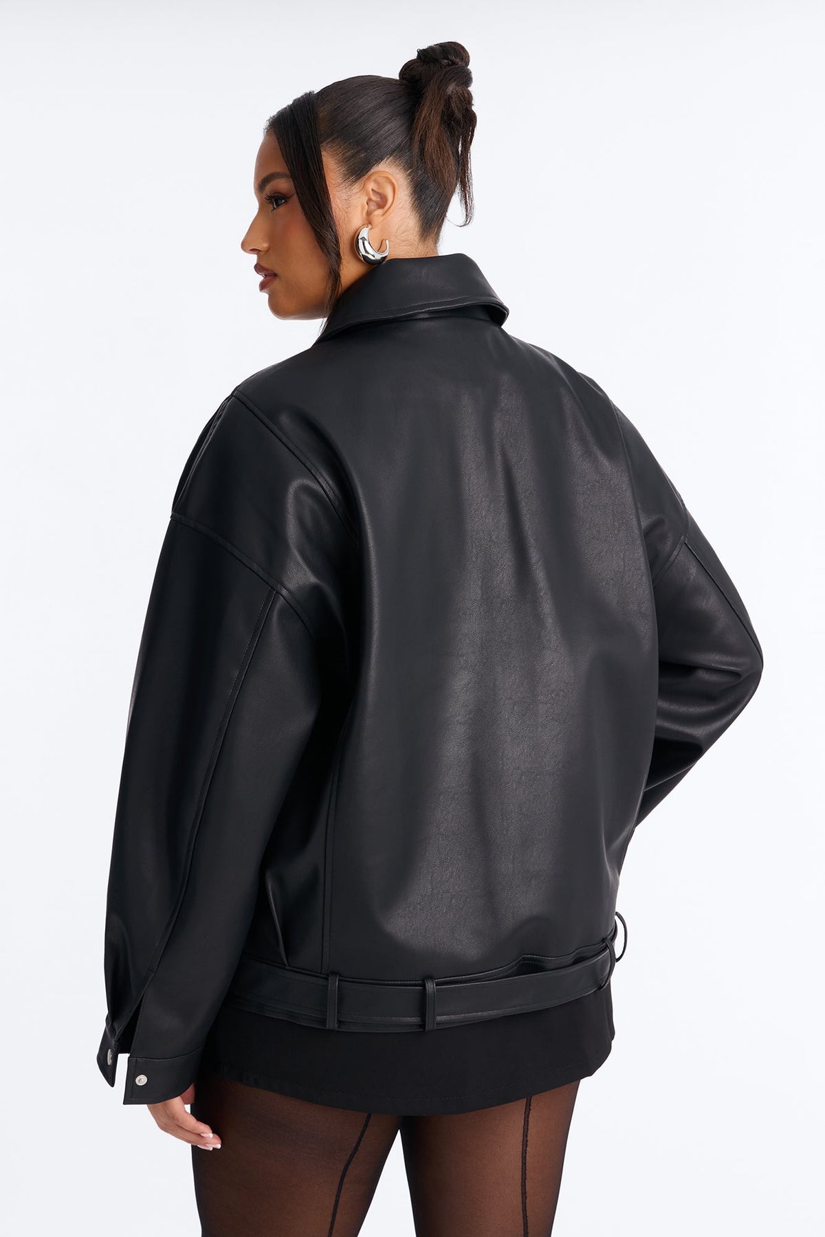 Jacine Faux Leather Drop Waist Belted Bomber Jacket - Black