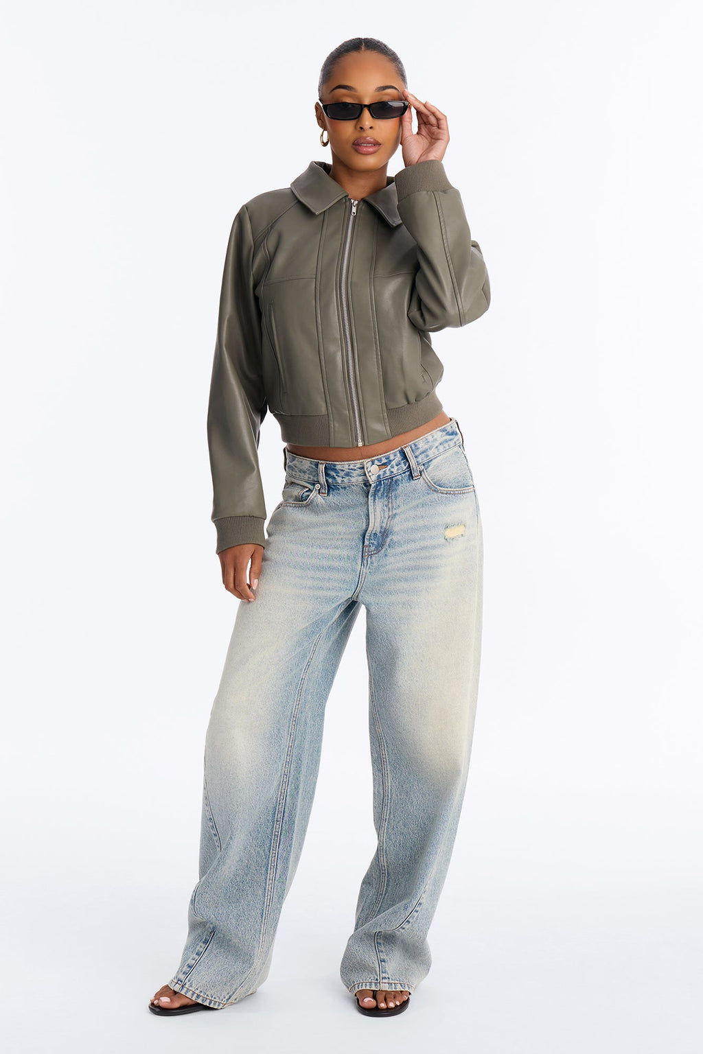 Erin Faux Leather Collared Bomber Jacket - Olive