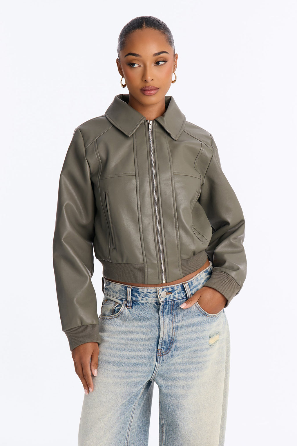 Erin Faux Leather Collared Bomber Jacket - Olive