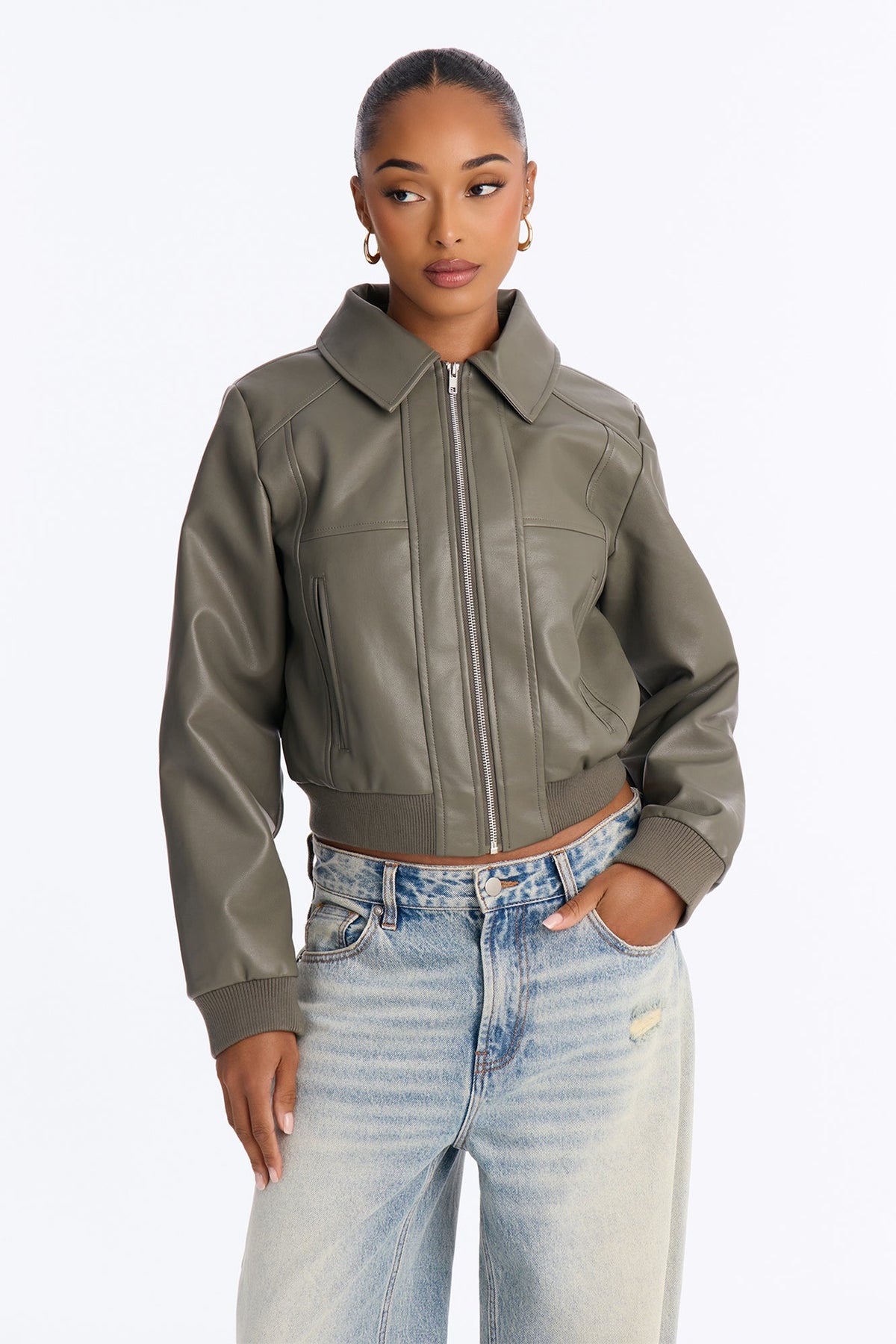 Erin Faux Leather Collared Bomber Jacket - Olive