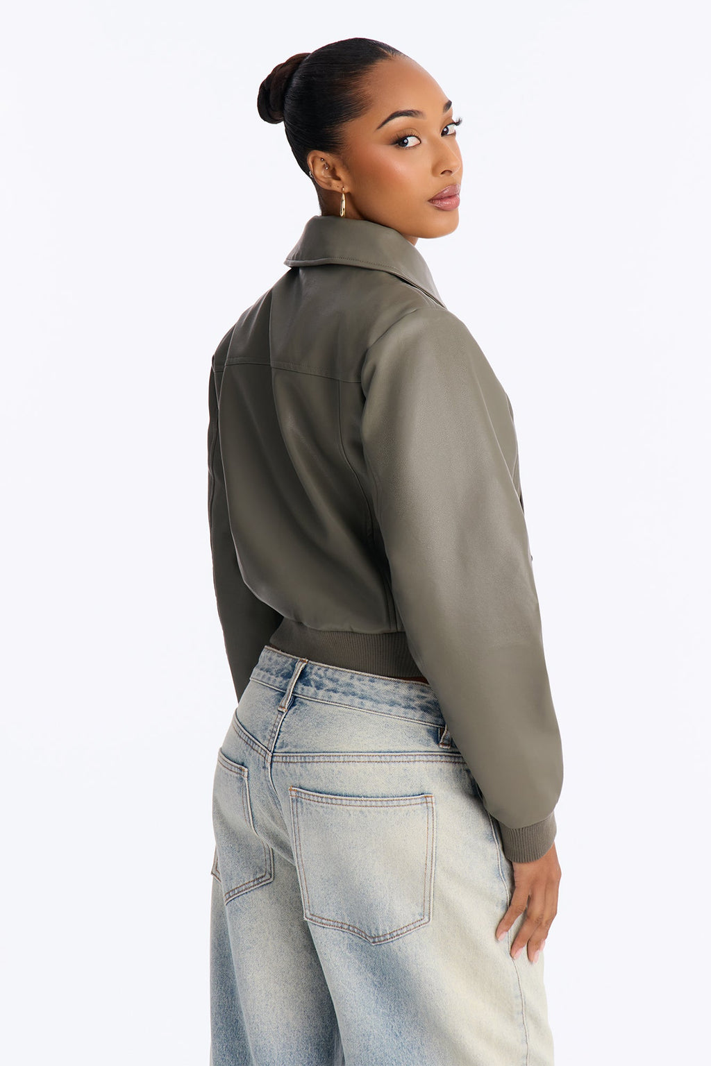 Erin Faux Leather Collared Bomber Jacket - Olive