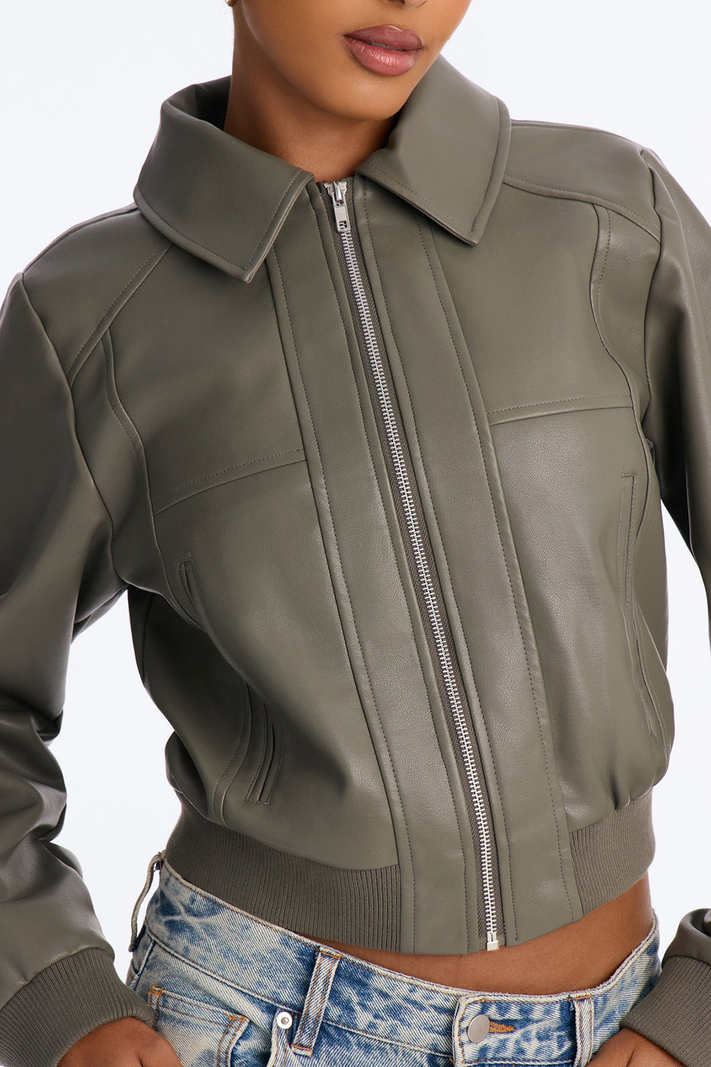 Erin Faux Leather Collared Bomber Jacket - Olive