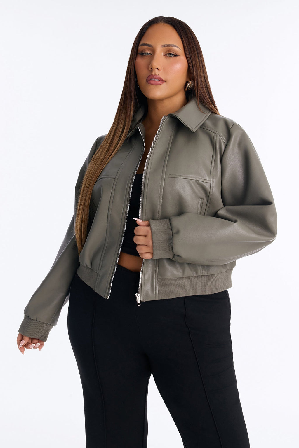 Erin Faux Leather Collared Bomber Jacket - Olive