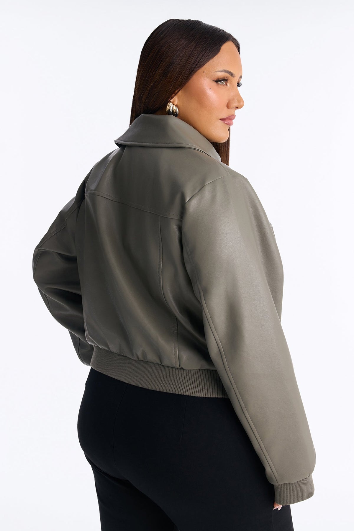 Erin Faux Leather Collared Bomber Jacket - Olive
