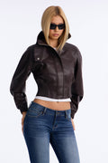 Can't Move On Faux Leather Funnel Neck Bomber Jacket - Brown
