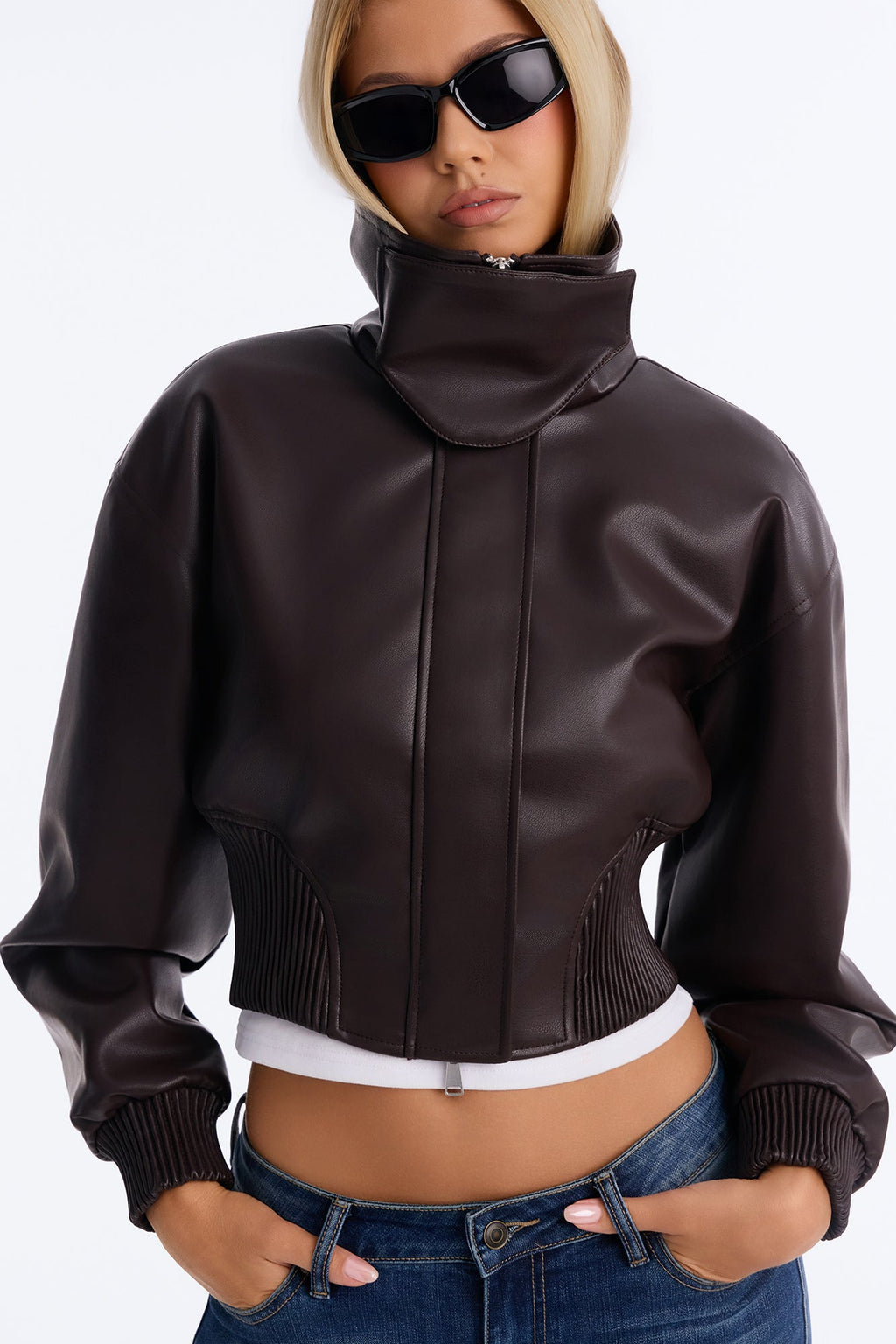 Can't Move On Faux Leather Funnel Neck Bomber Jacket - Brown