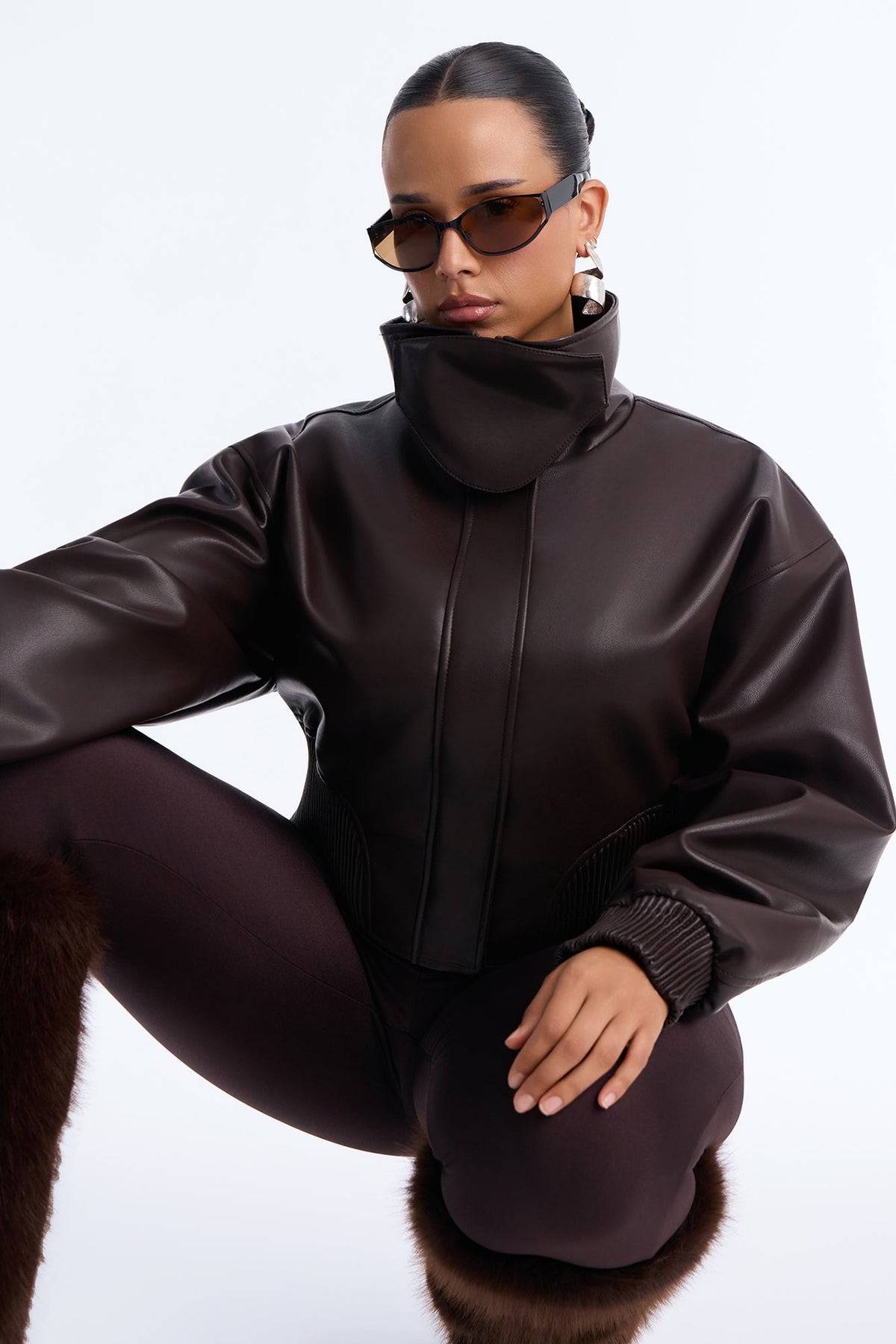 Can't Move On Faux Leather Funnel Neck Bomber Jacket - Brown