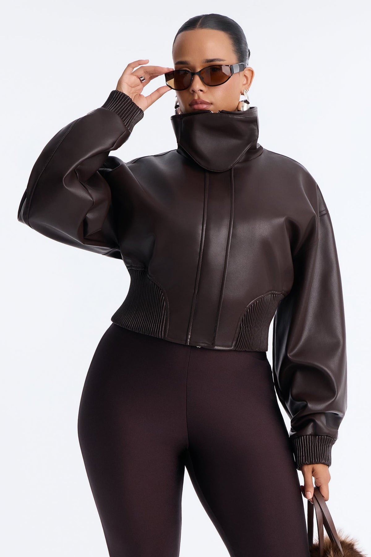 Can't Move On Faux Leather Funnel Neck Bomber Jacket - Brown