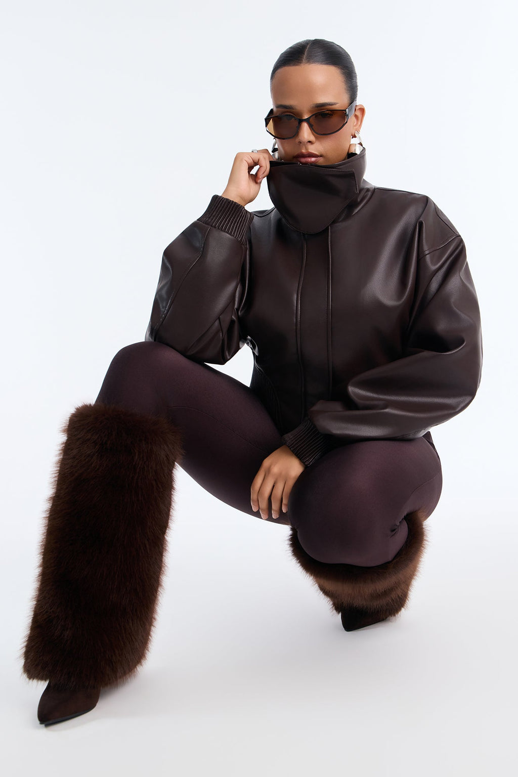 Can't Move On Faux Leather Funnel Neck Bomber Jacket - Brown