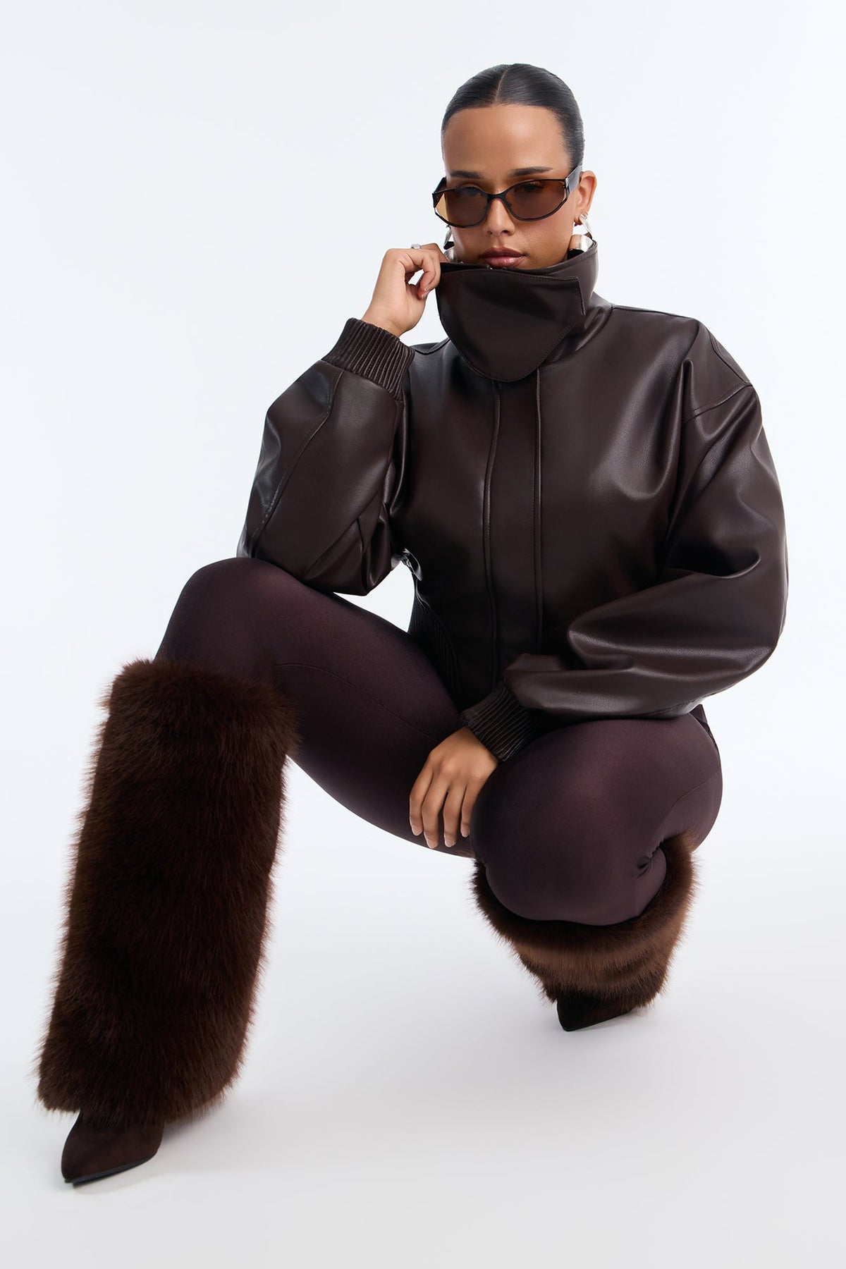 Can't Move On Faux Leather Funnel Neck Bomber Jacket - Brown