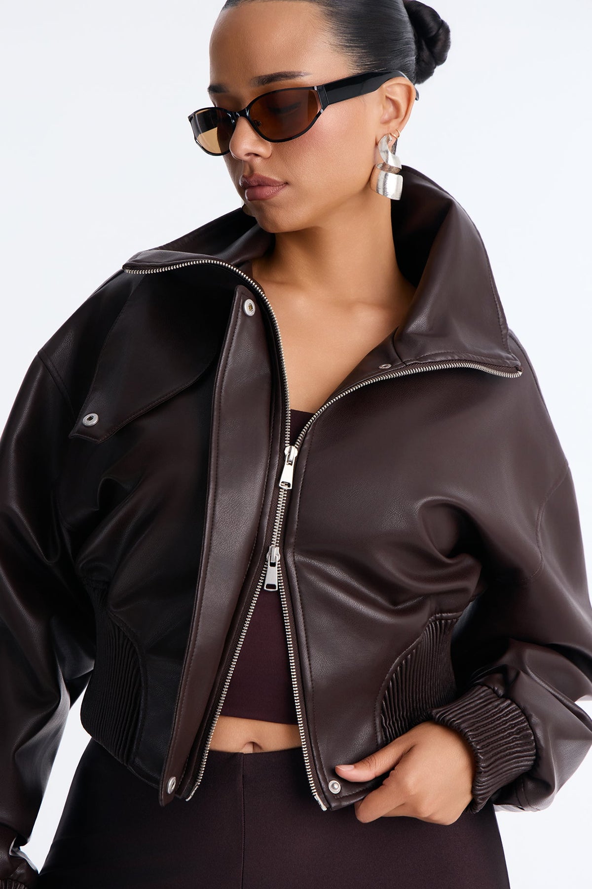 Can't Move On Faux Leather Funnel Neck Bomber Jacket - Brown