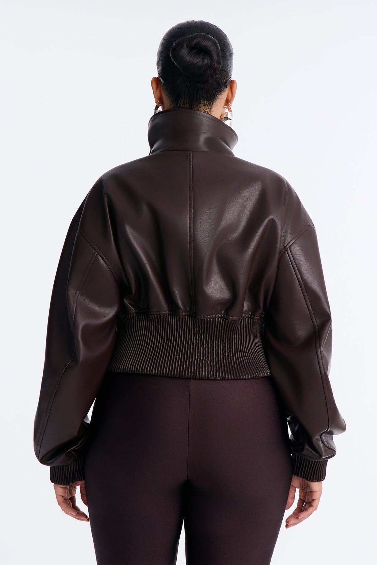 Can't Move On Faux Leather Funnel Neck Bomber Jacket - Brown