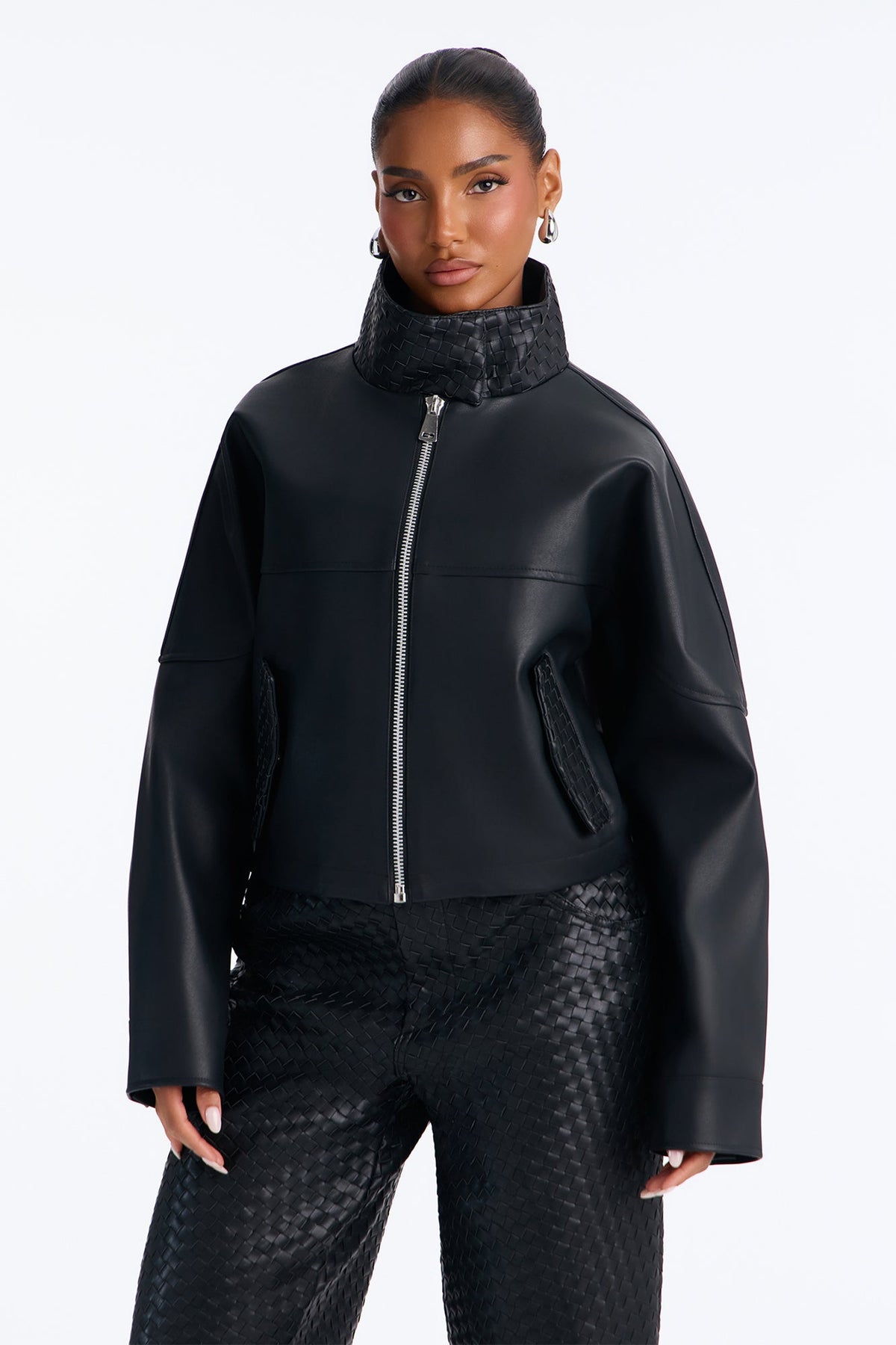 Sofia Faux Leather Woven Weave Funnel Neck Bomber - Black