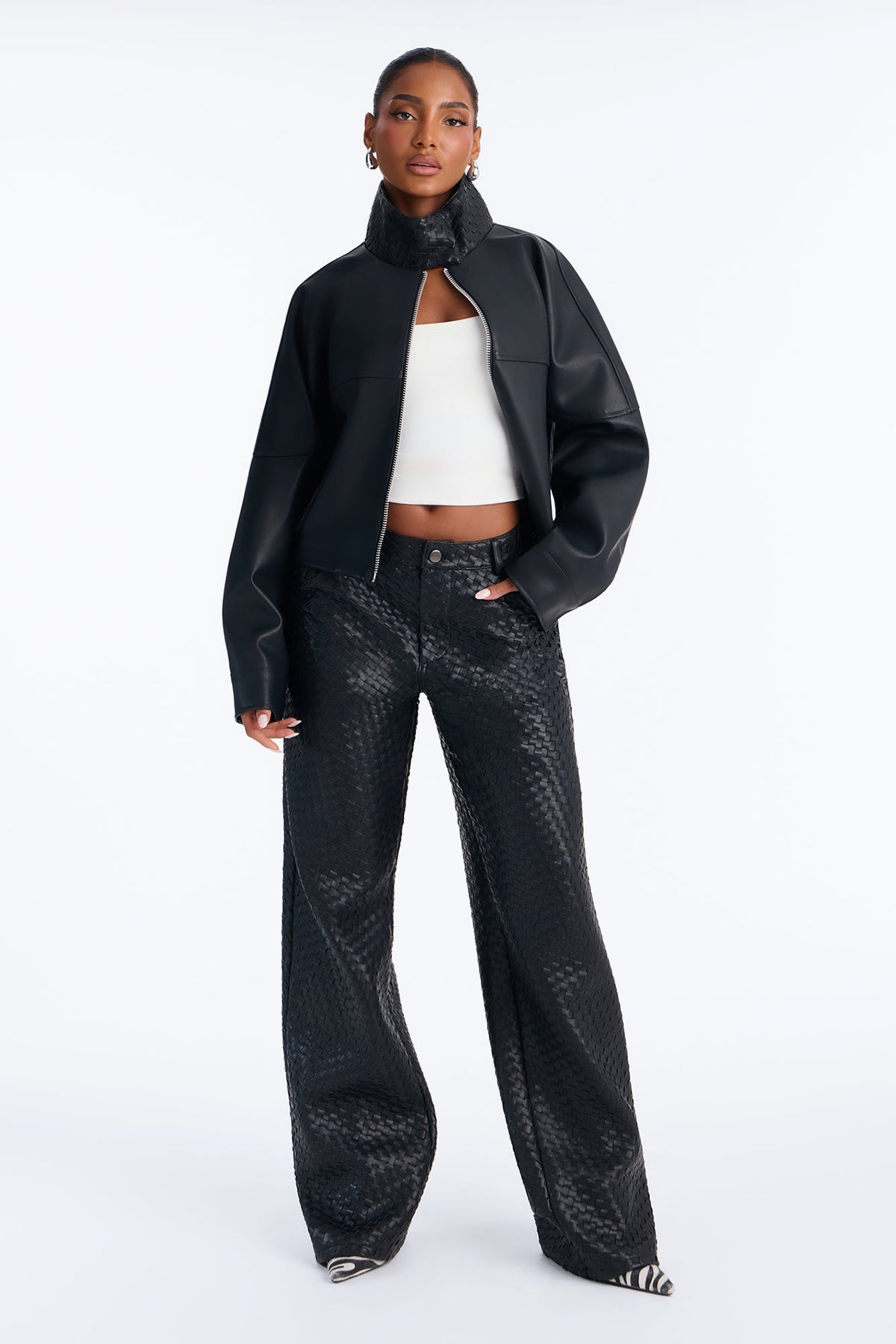 Sofia Faux Leather Woven Weave Funnel Neck Bomber - Black