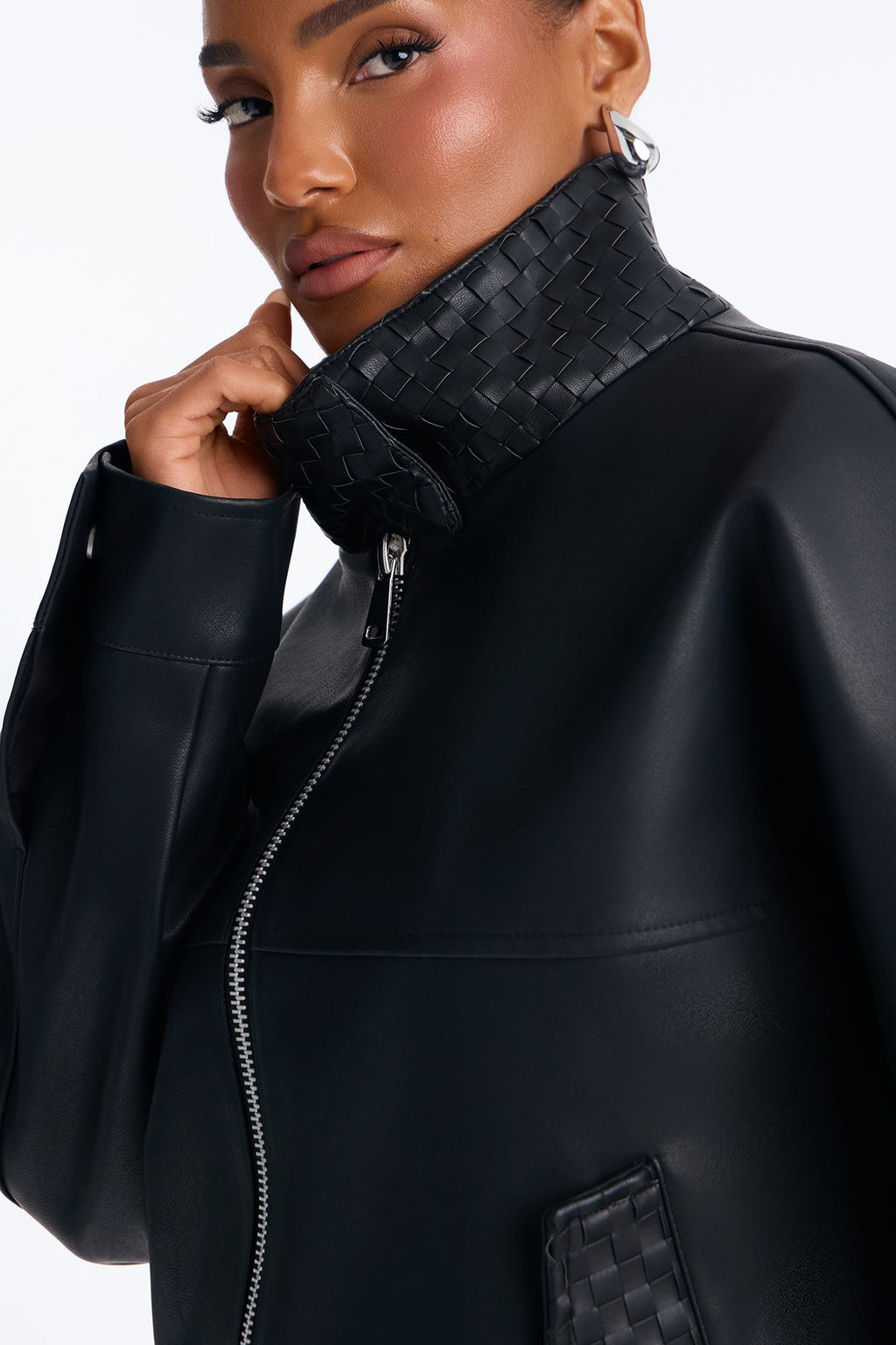 Sofia Faux Leather Woven Weave Funnel Neck Bomber - Black