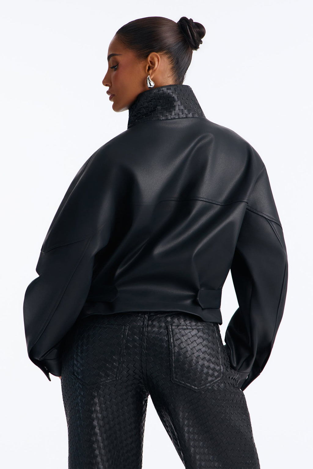 Sofia Faux Leather Woven Weave Funnel Neck Bomber - Black