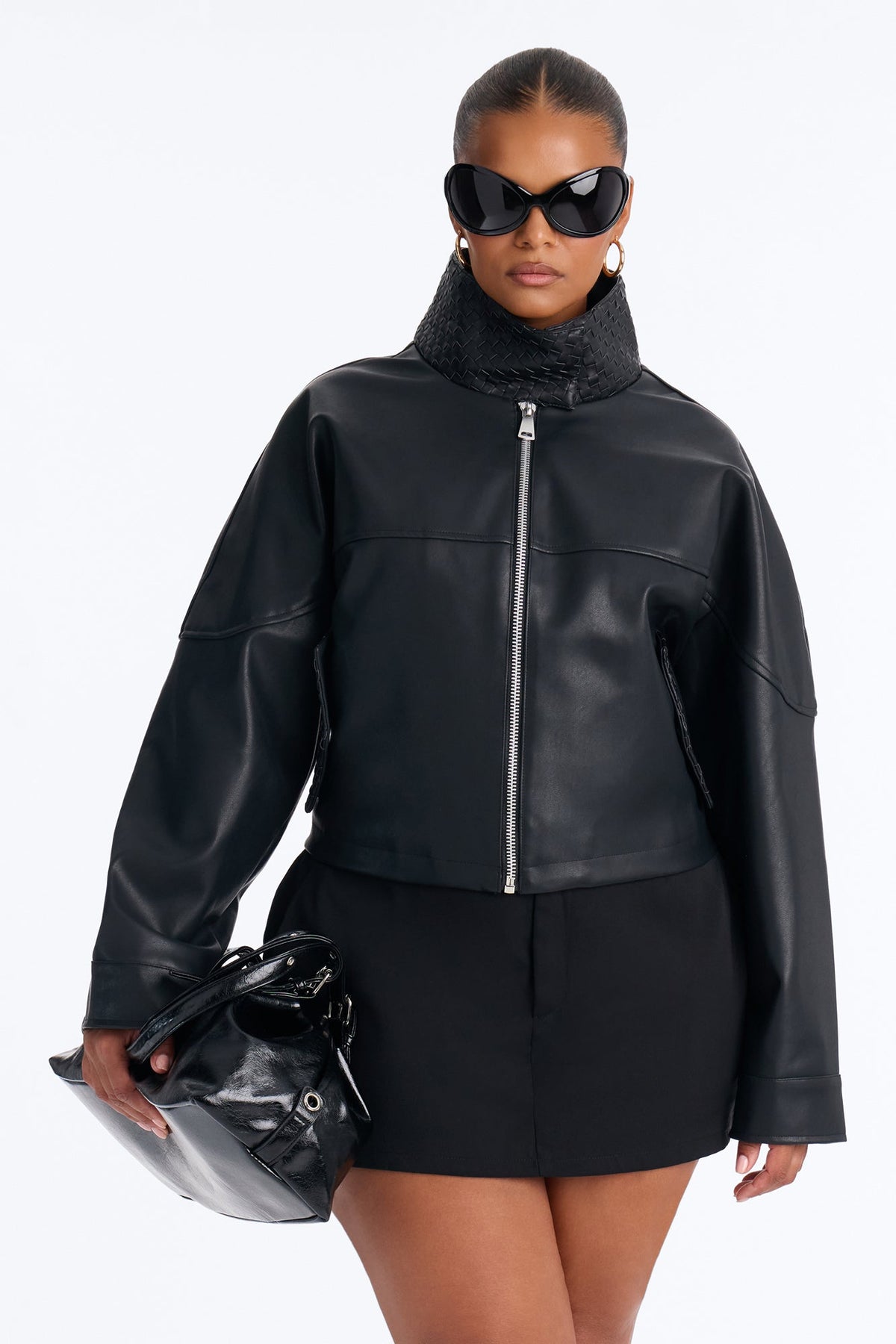 Sofia Faux Leather Woven Weave Funnel Neck Bomber - Black