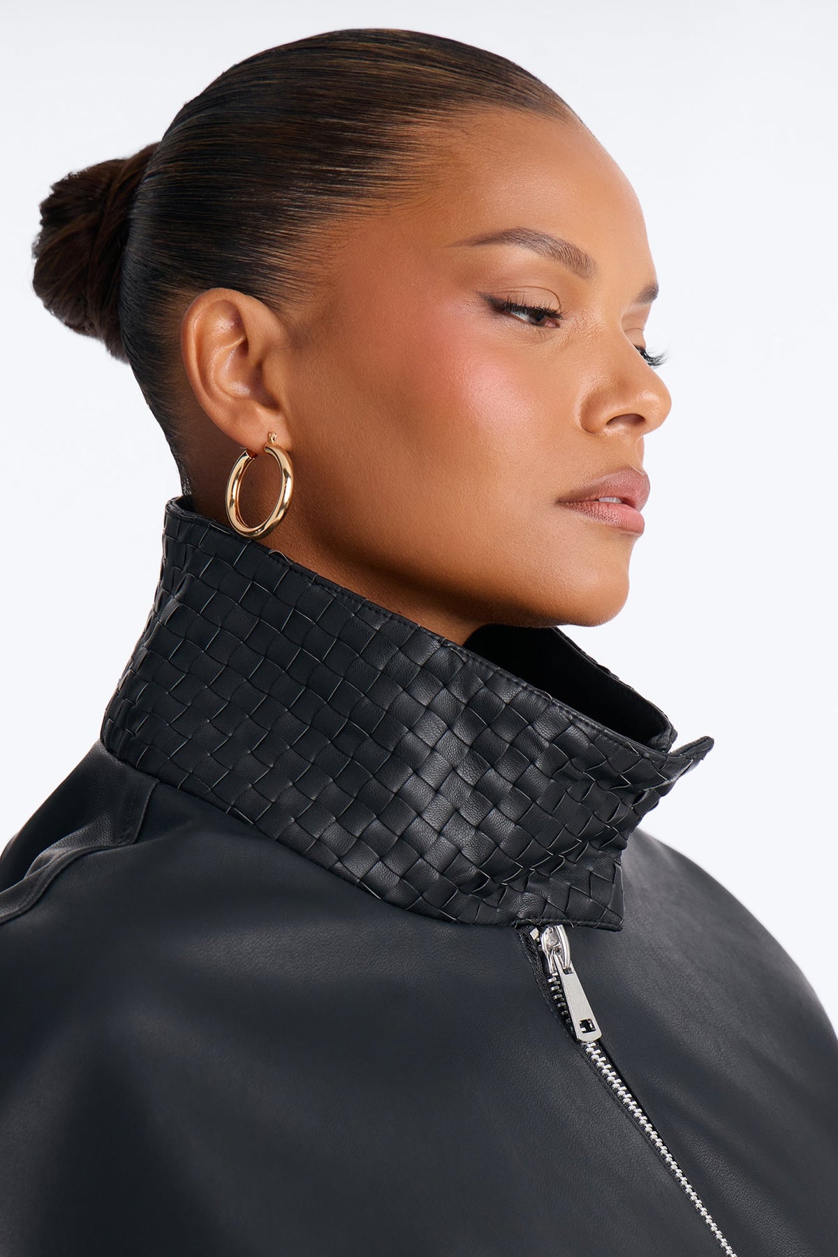 Sofia Faux Leather Woven Weave Funnel Neck Bomber - Black