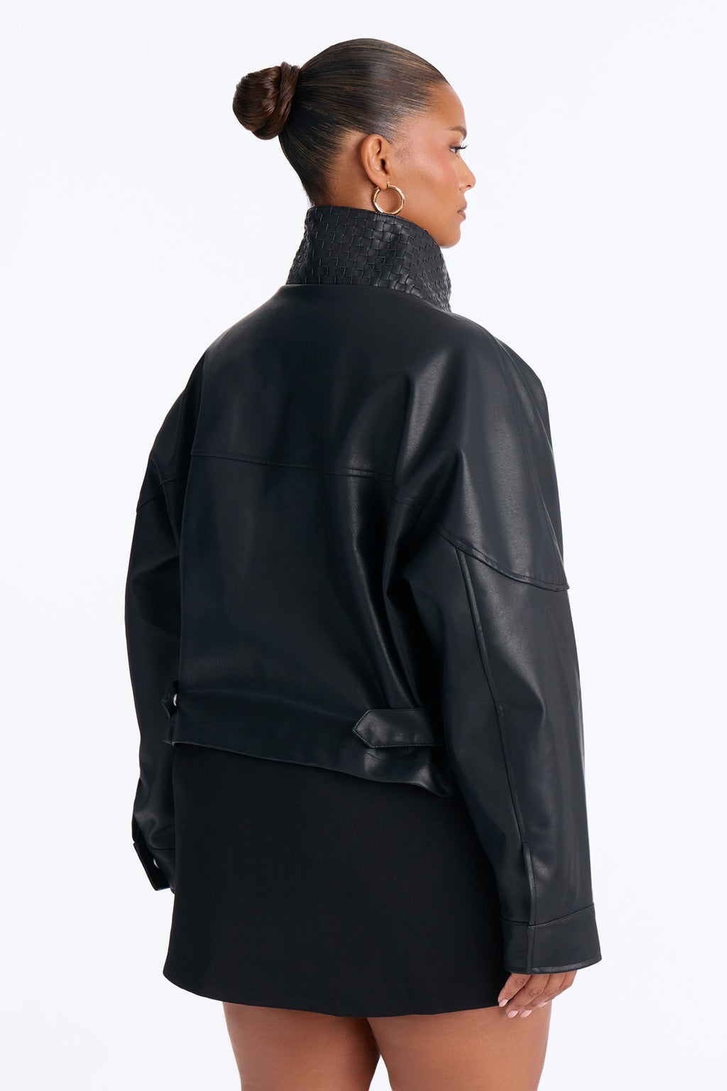 Sofia Faux Leather Woven Weave Funnel Neck Bomber - Black