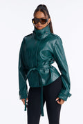 Born Ready Faux Leather Funnel Neck Moto Jacket - Hunter Green