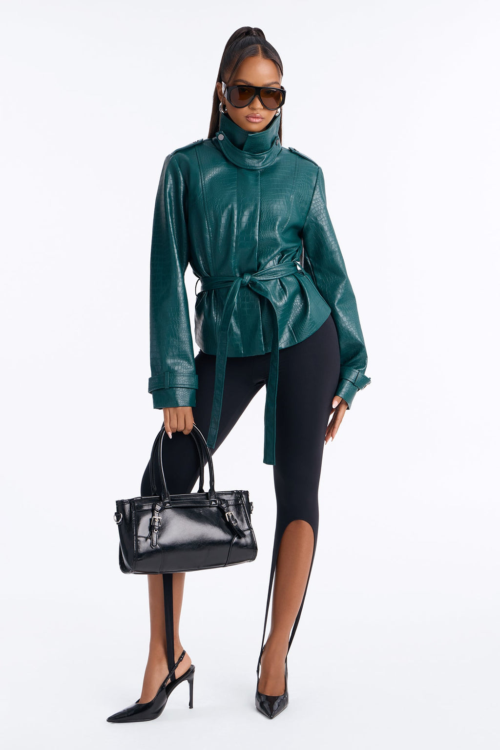 Born Ready Faux Leather Funnel Neck Moto Jacket - Hunter Green