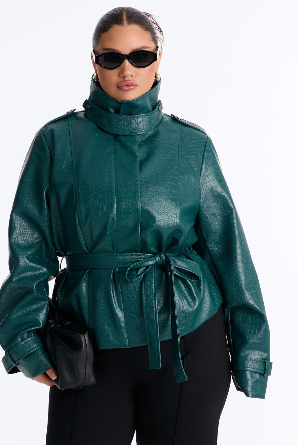 Born Ready Faux Leather Funnel Neck Moto Jacket - Hunter Green