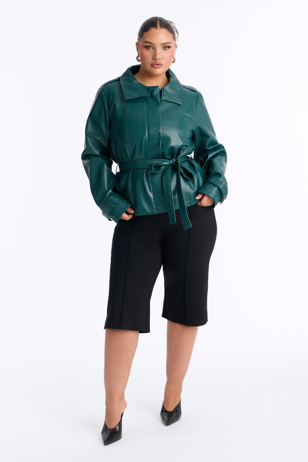 Born Ready Faux Leather Funnel Neck Moto Jacket - Hunter Green