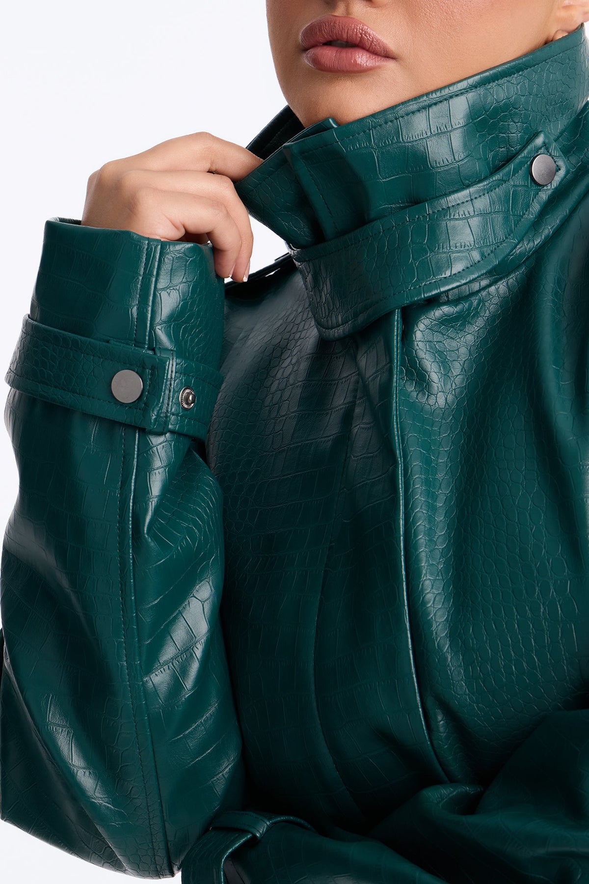 Born Ready Faux Leather Funnel Neck Moto Jacket - Hunter Green