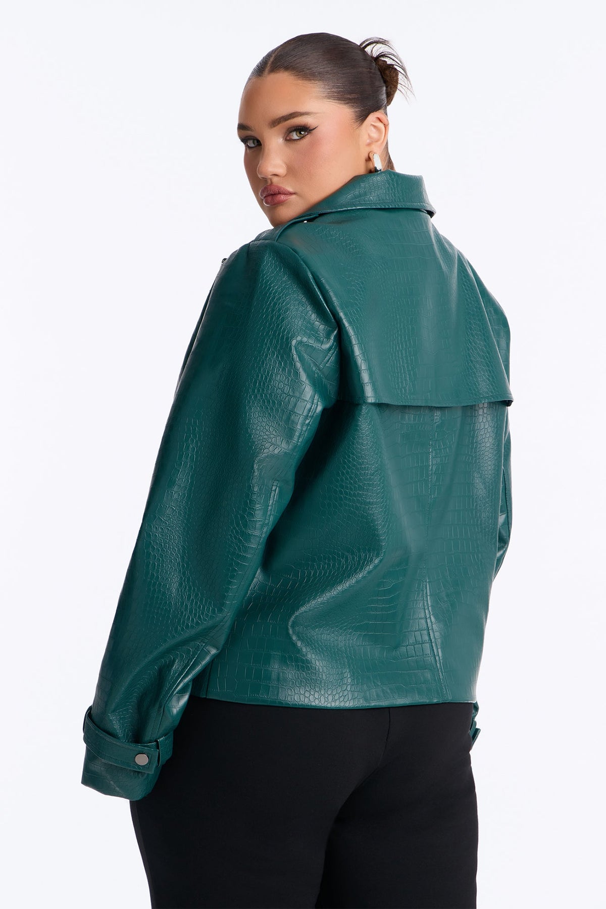 Born Ready Faux Leather Funnel Neck Moto Jacket - Hunter Green
