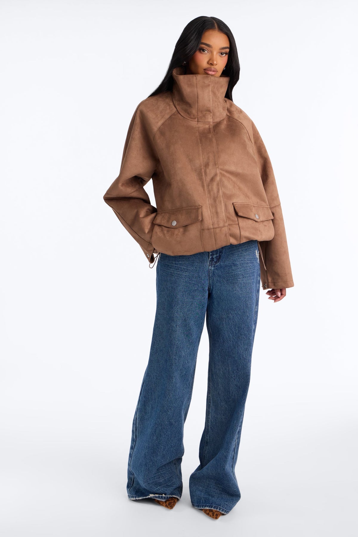 Fia Faux Suede Extra High Funnel Neck Coat - Taupe