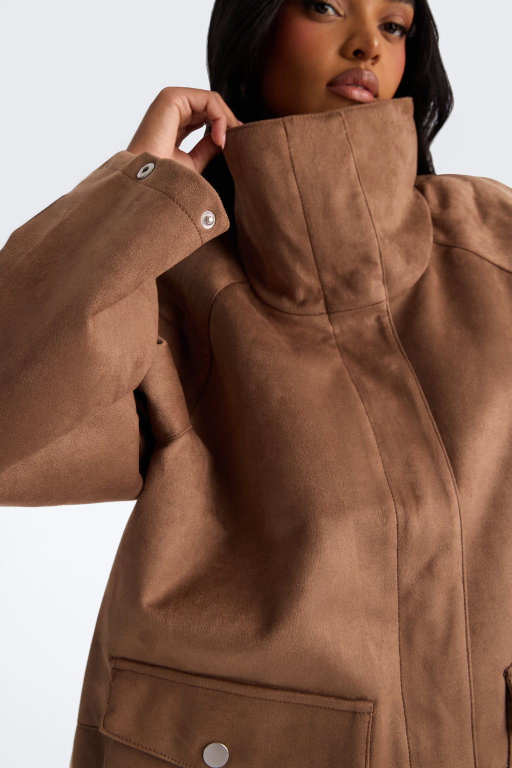 Fia Faux Suede Extra High Funnel Neck Coat - Taupe