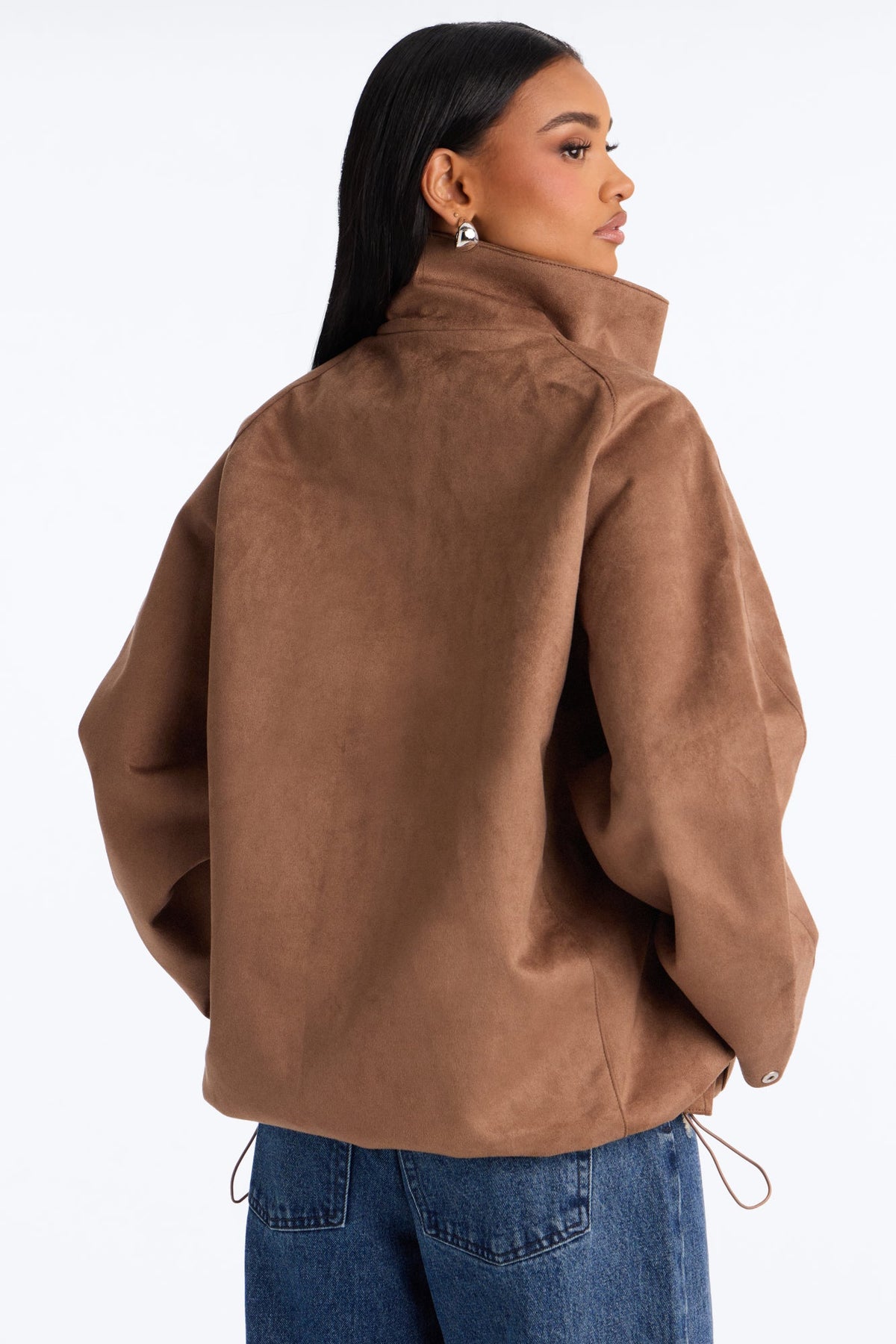 Fia Faux Suede Extra High Funnel Neck Coat - Taupe