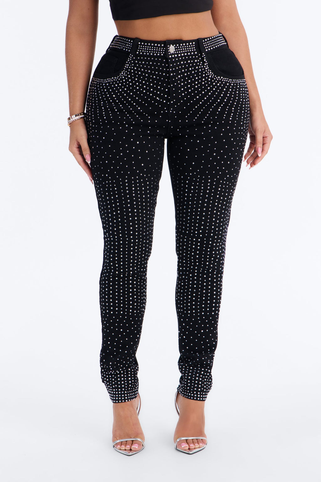 Touch Of Glitz High Rise Embellished Skinny Jeans - Black