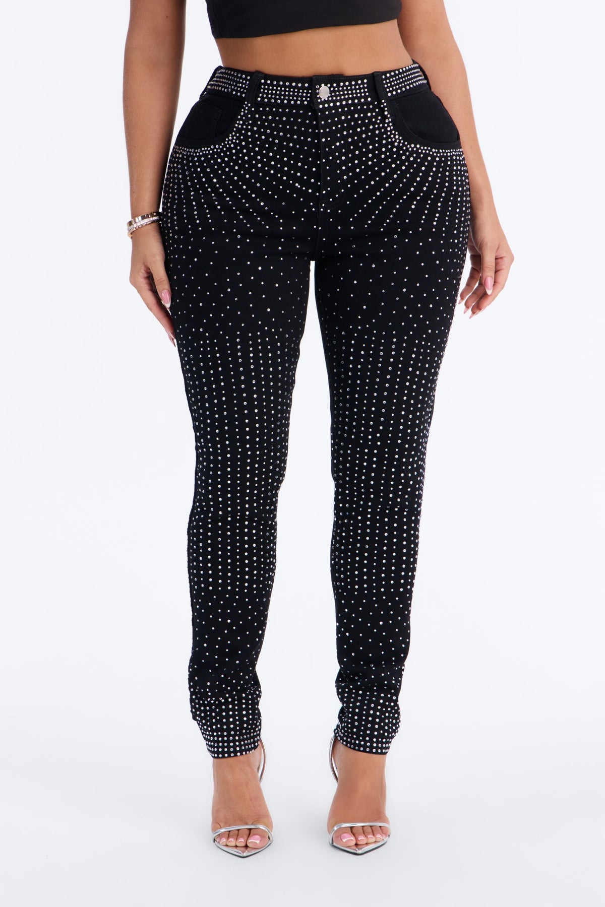 Touch Of Glitz High Rise Embellished Skinny Jeans - Black