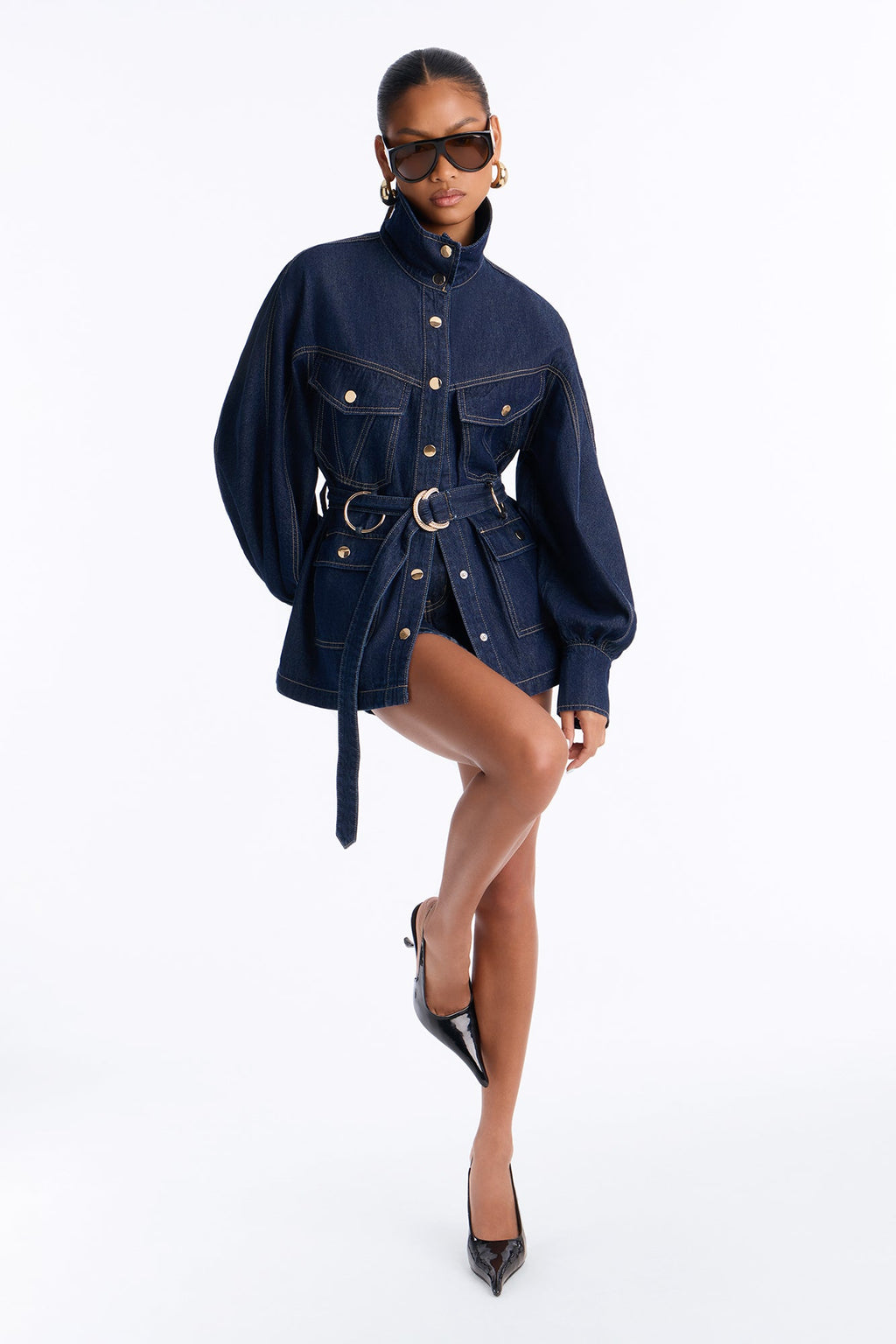 Soft Spoken Belted High Neck Denim Jacket - Dark Wash