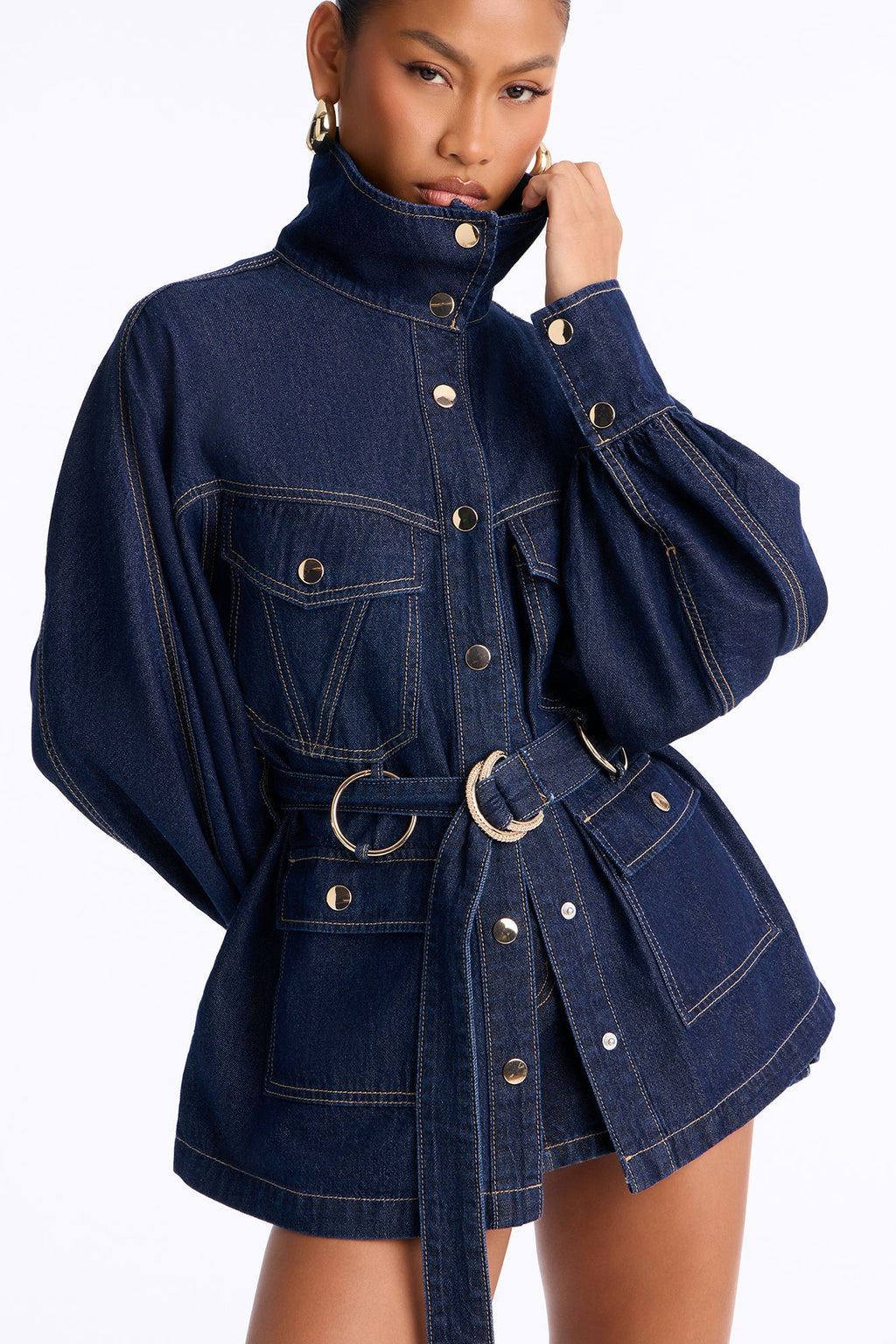 Soft Spoken Belted High Neck Denim Jacket - Dark Wash