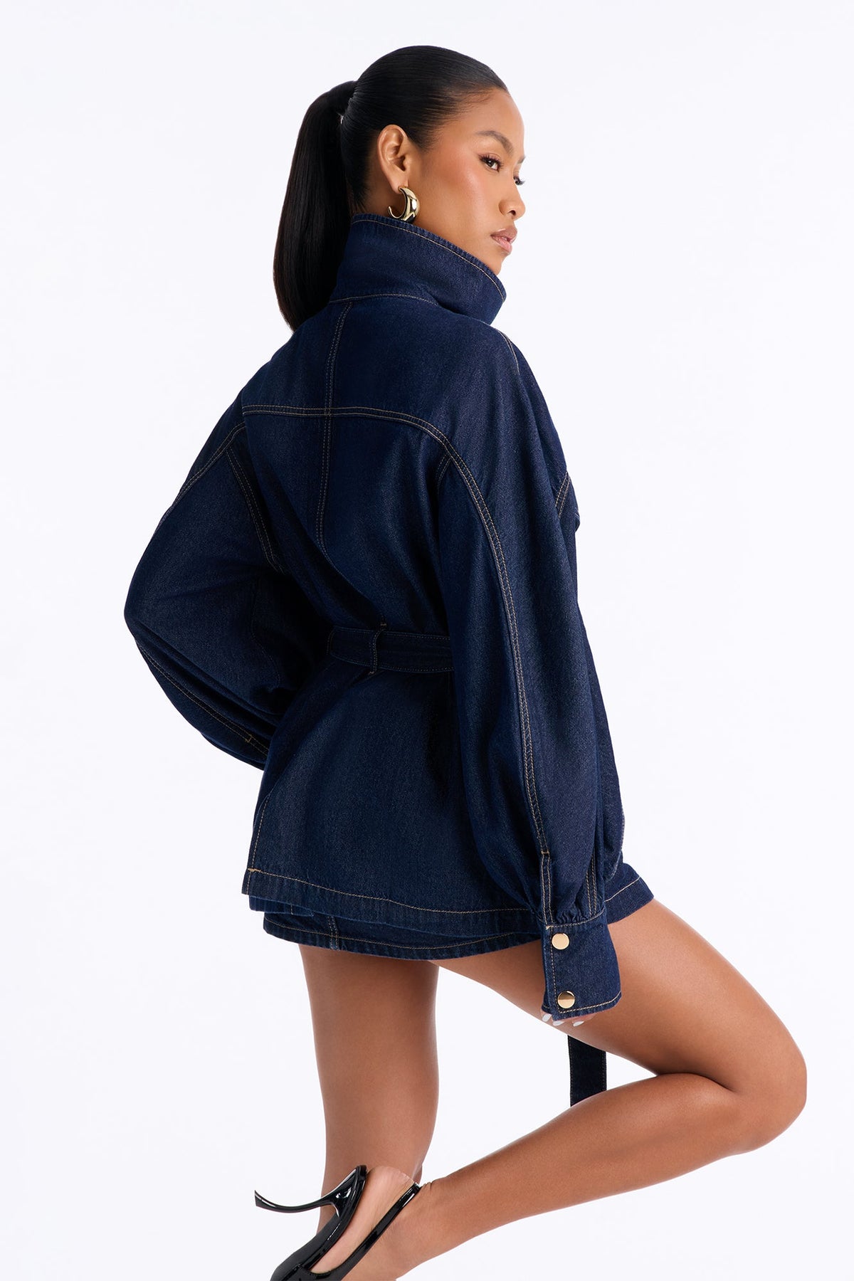Soft Spoken Belted High Neck Denim Jacket - Dark Wash