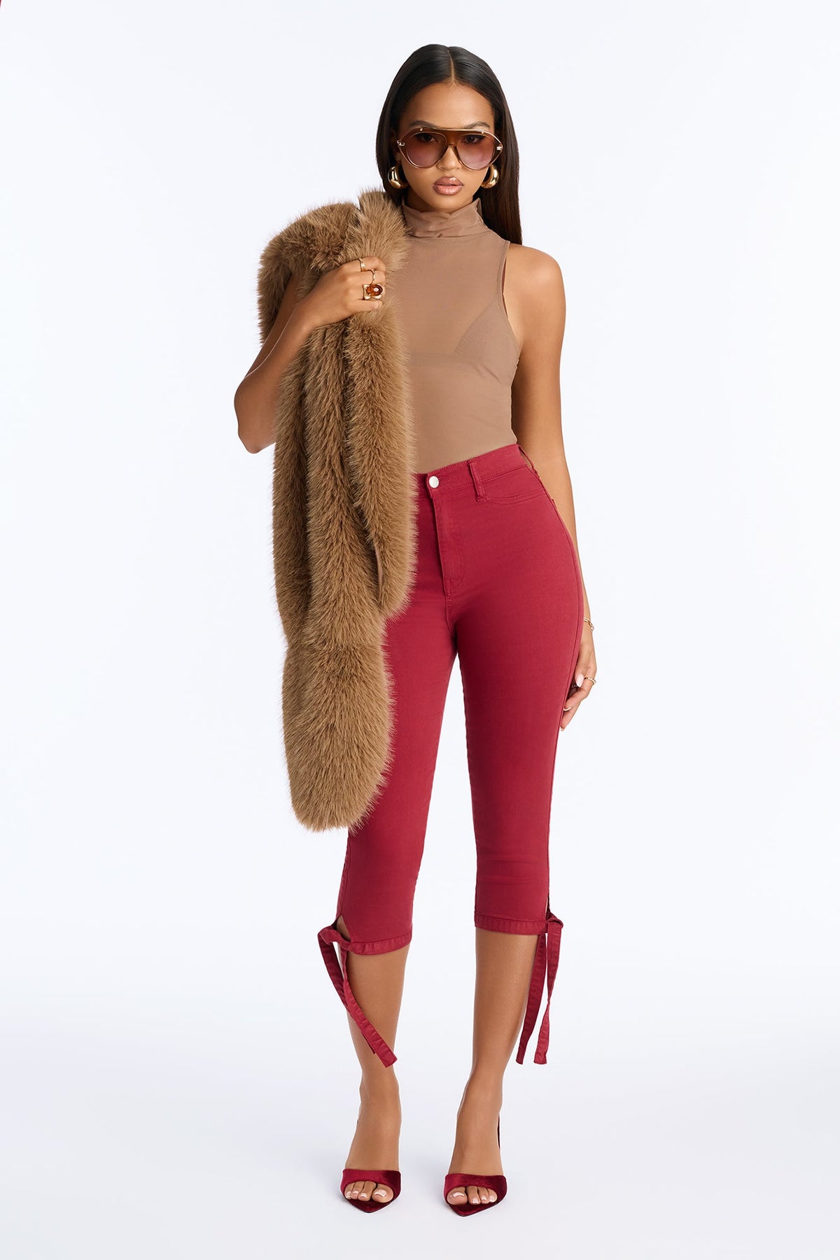 Classic Color High Waist Bow Tie Capri Jeans - Raspberry