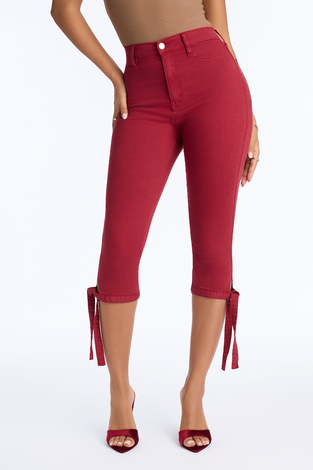Classic Color High Waist Bow Tie Capri Jeans - Raspberry