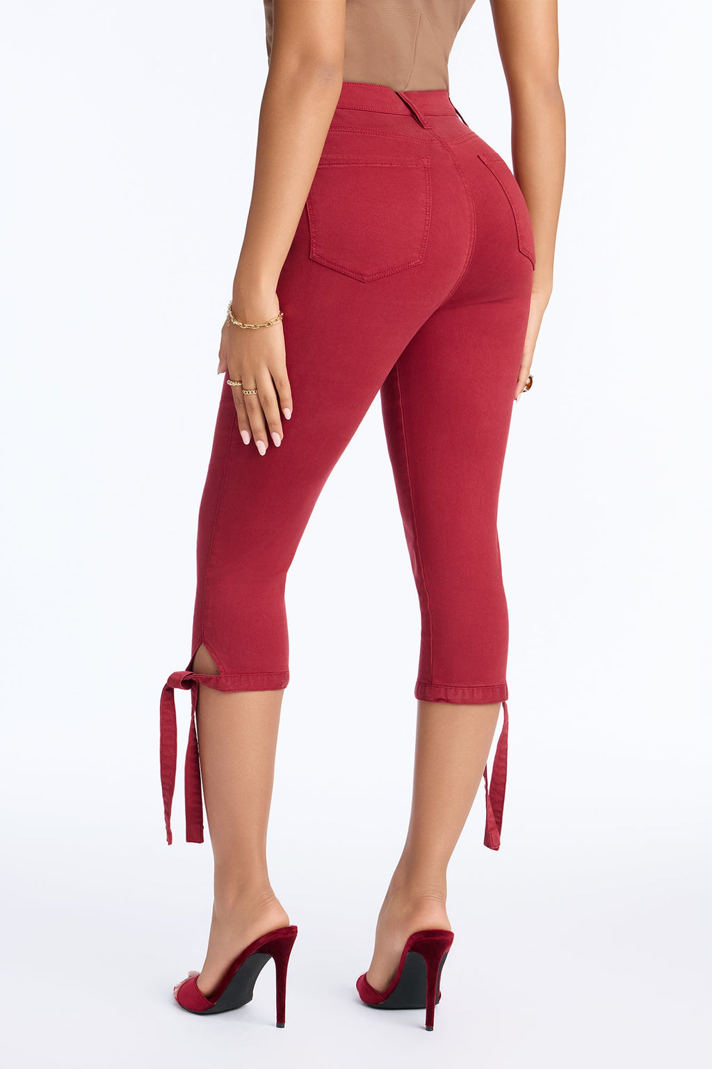 Classic Color High Waist Bow Tie Capri Jeans - Raspberry