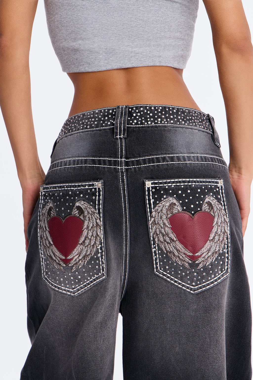 Greatest Love Embellished Baggy Jeans - Grey