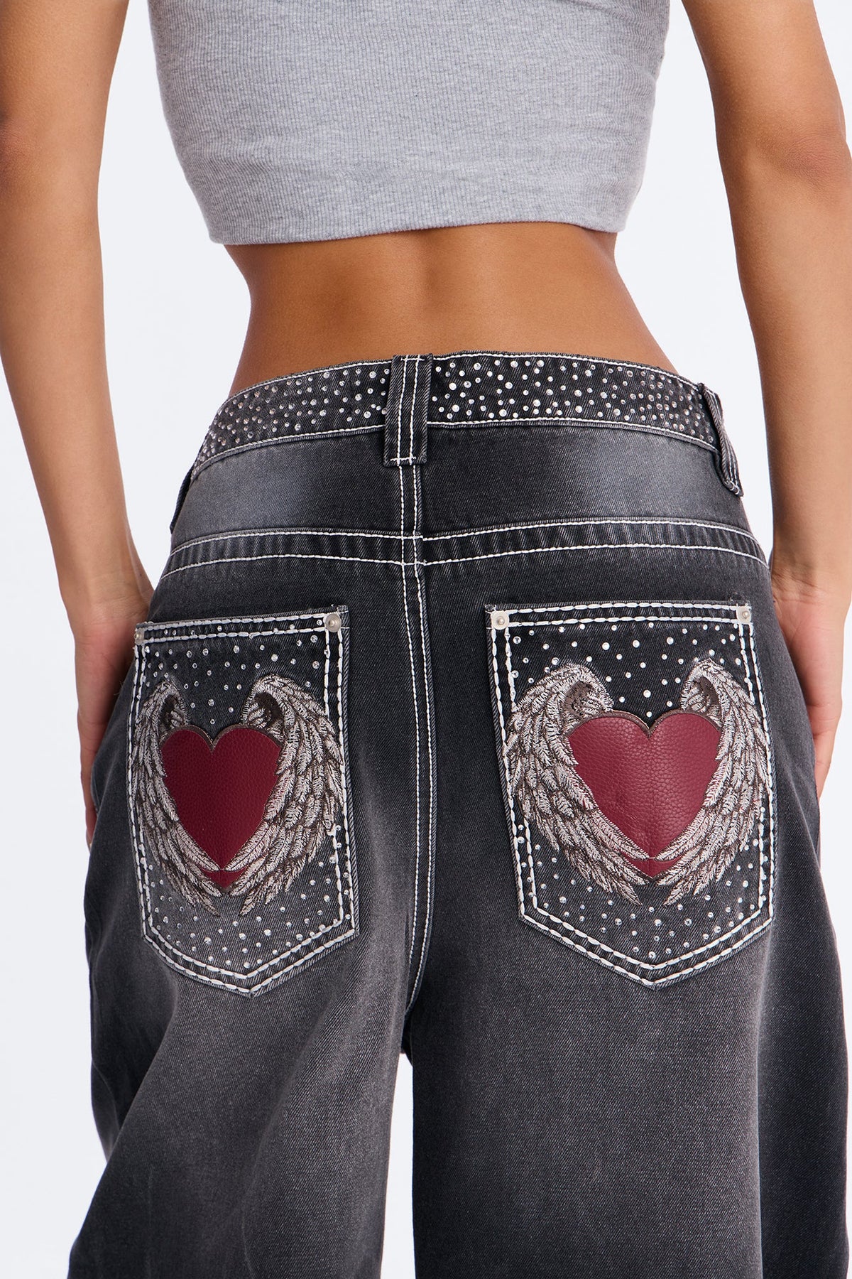 Greatest Love Embellished Baggy Jeans - Grey