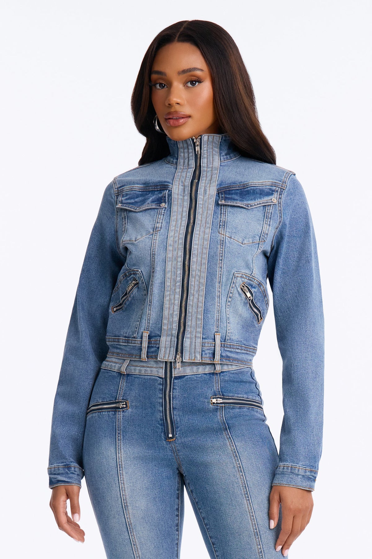 Take A Ride Two Tone Stretch Moto Denim Jacket - Medium Wash