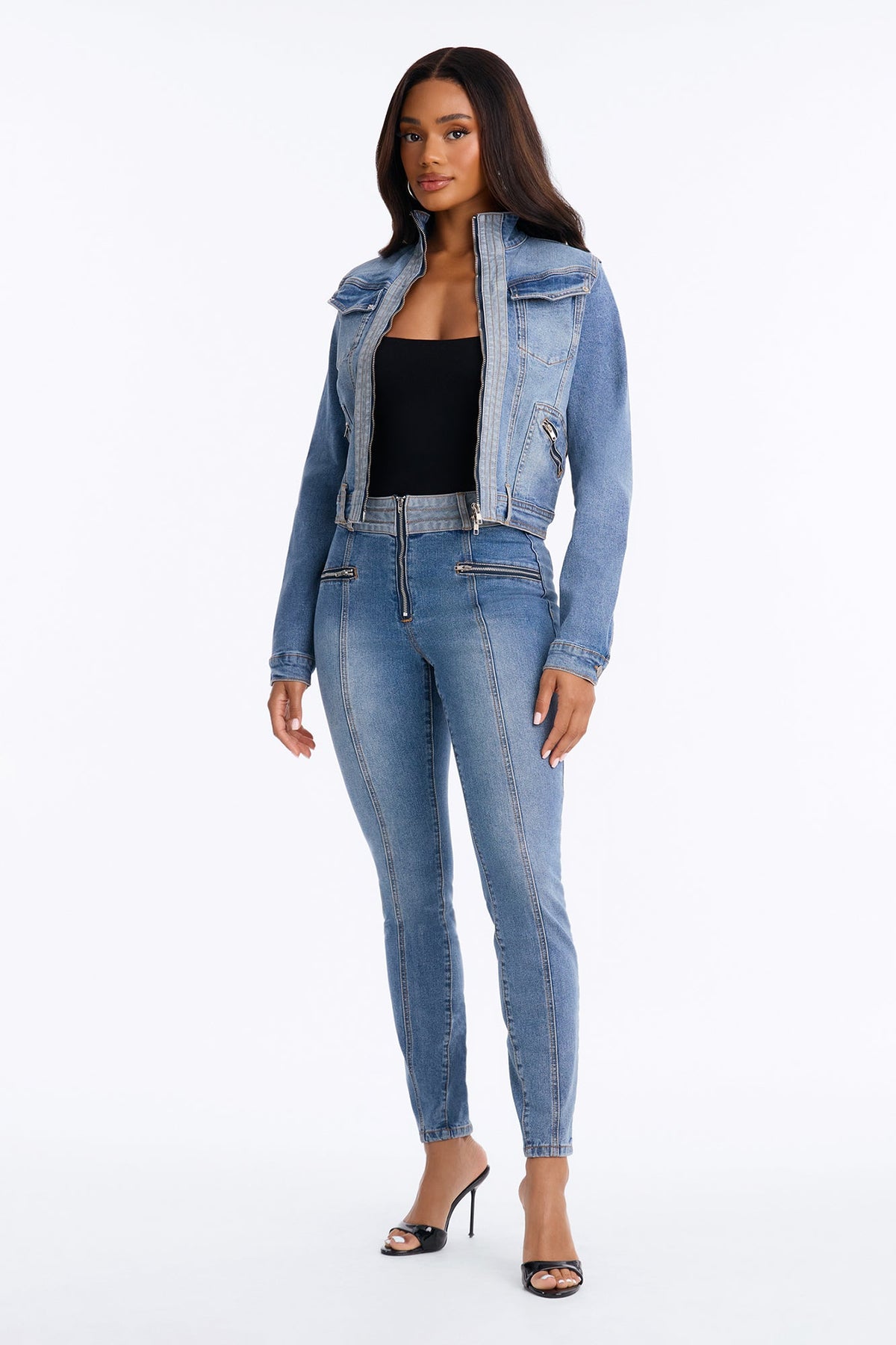 Take A Ride Two Tone Stretch Moto Denim Jacket - Medium Wash