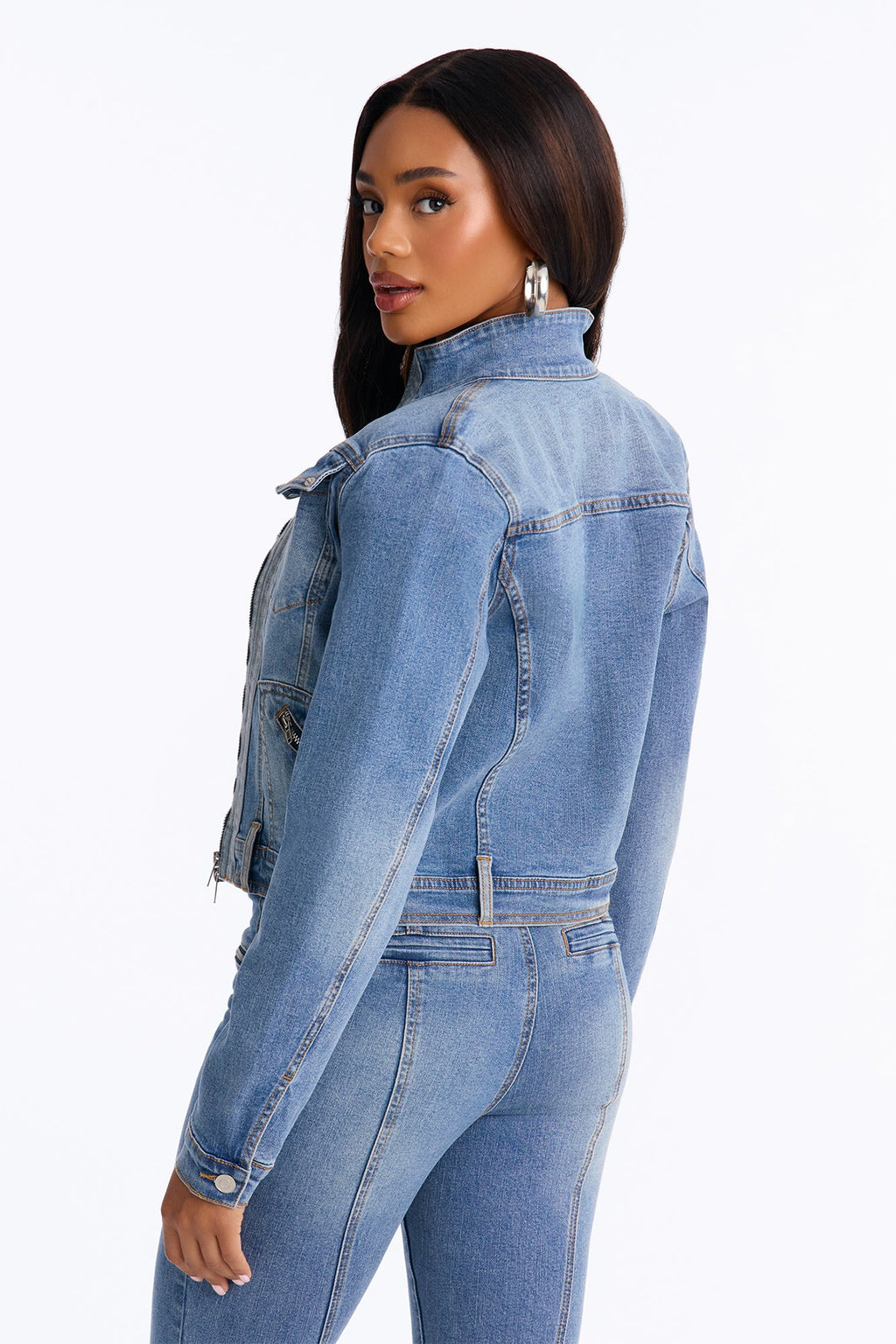Take A Ride Two Tone Stretch Moto Denim Jacket - Medium Wash