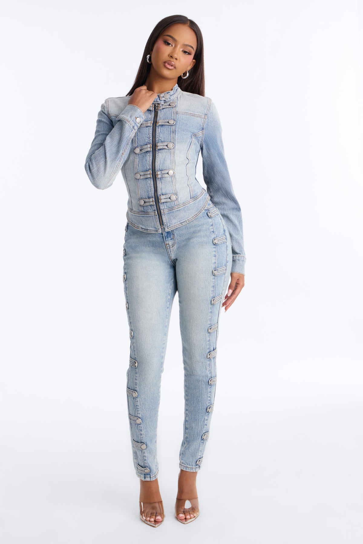 Total Surrender Zip Up Stretch Denim Jacket - Light Wash