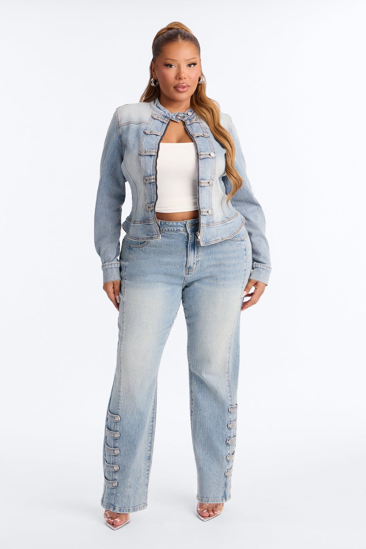 Total Surrender Zip Up Stretch Denim Jacket - Light Wash