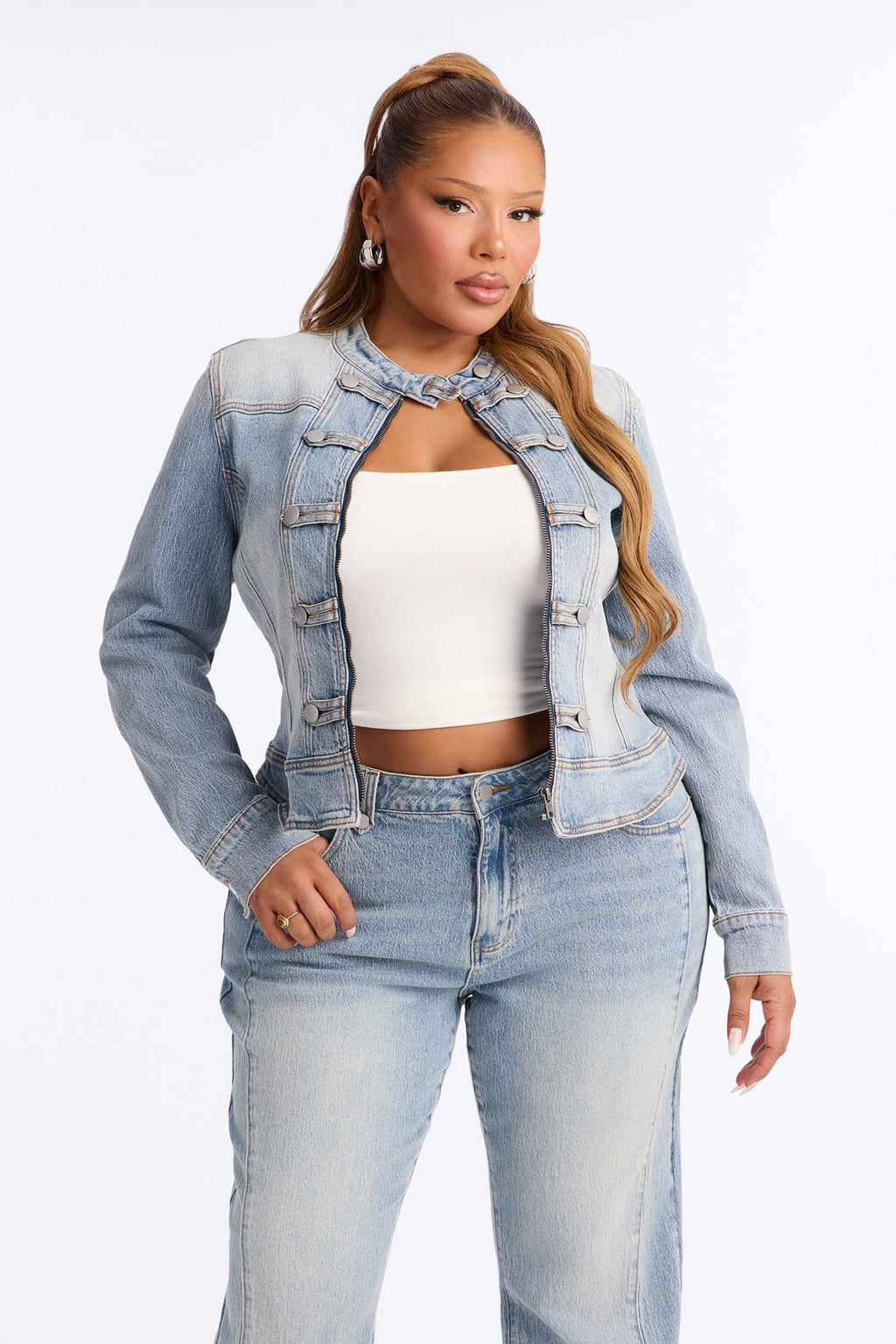 Total Surrender Zip Up Stretch Denim Jacket - Light Wash